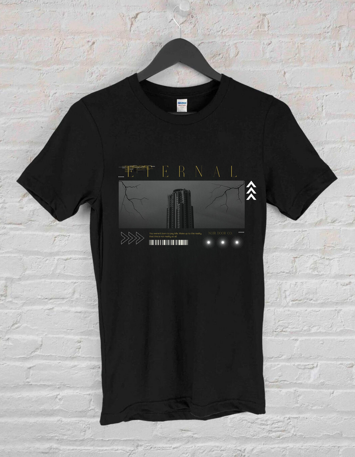 Eternal Skyscraper T-Shirt: Gothic Cityscape, Lightning Bolt Apparel