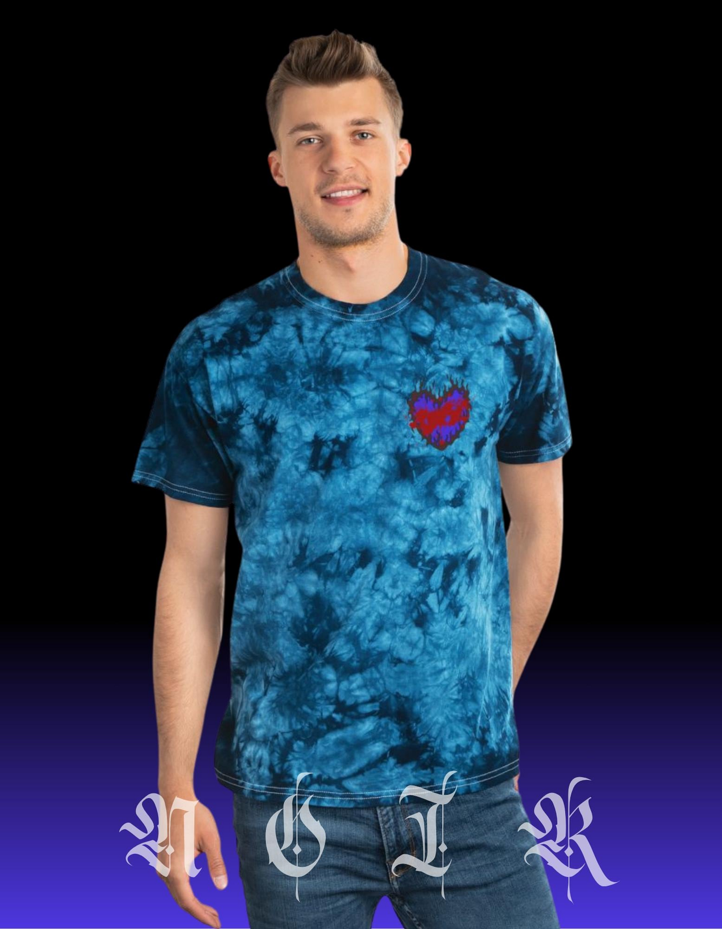 Red Heart Tie-Dye Shirt, Deep Blue Aesthetic, 90's Streetwear, Pastel Goth Clothing, Cool Alt Tee, Retro Grunge Style, Punk T-Shirt, Comfy