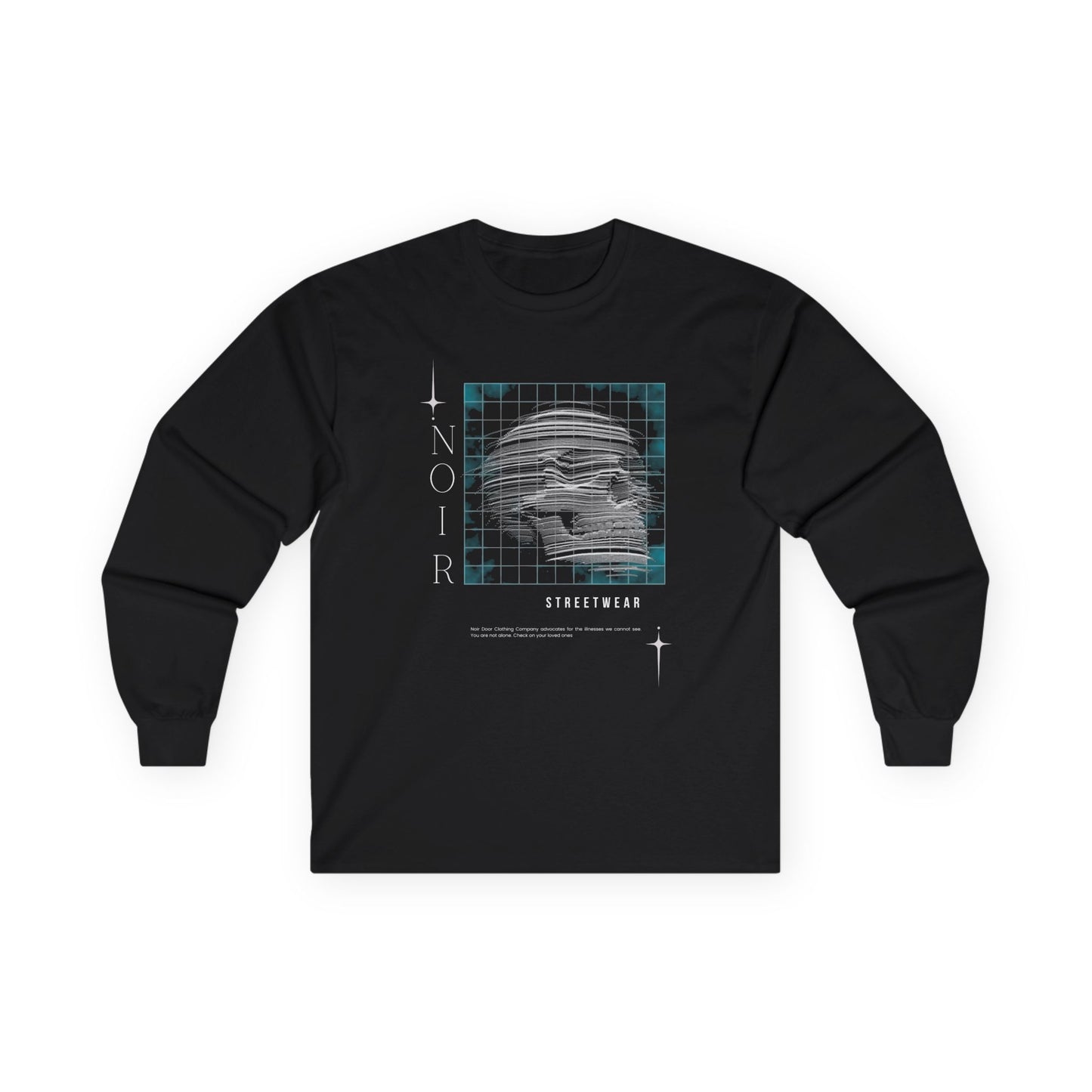Noir Skull Long Sleeve Tee: Geometric Streetwear, Mental Health Apparel