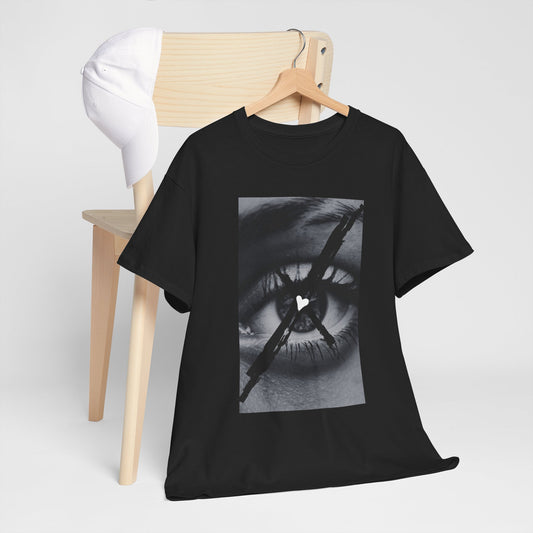 Surreal Eye Symbol Tee — Crooked Cross & Heart Illustration, Dark Aesthetic