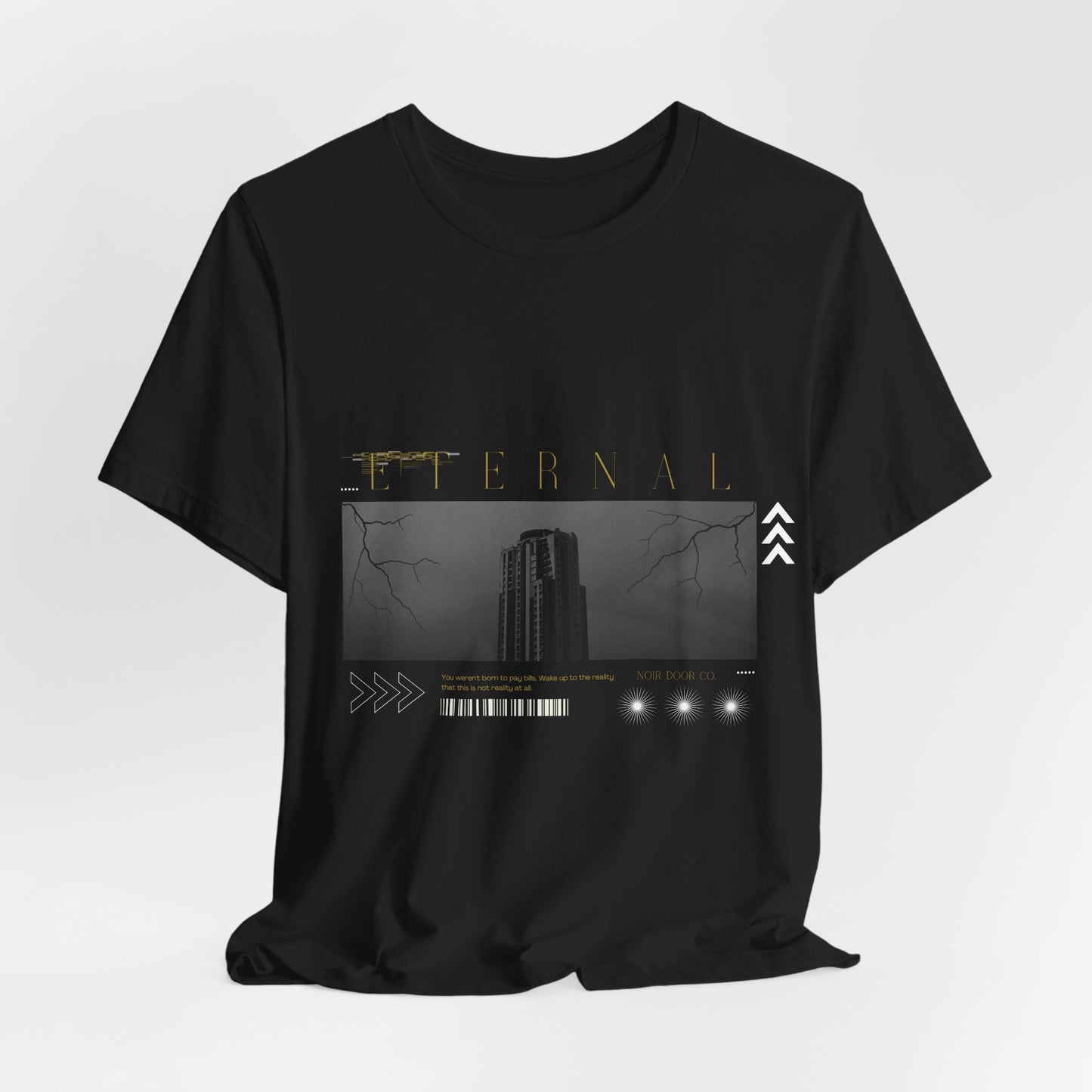 Eternal Skyscraper T-Shirt: Gothic Cityscape, Lightning Bolt Apparel