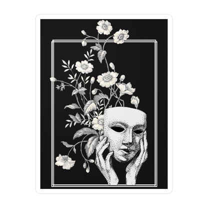 Surreal Floral Mask Art Print, Black and White Botanical Surrealism Sticker, Fine Art Style Gothic Decor
