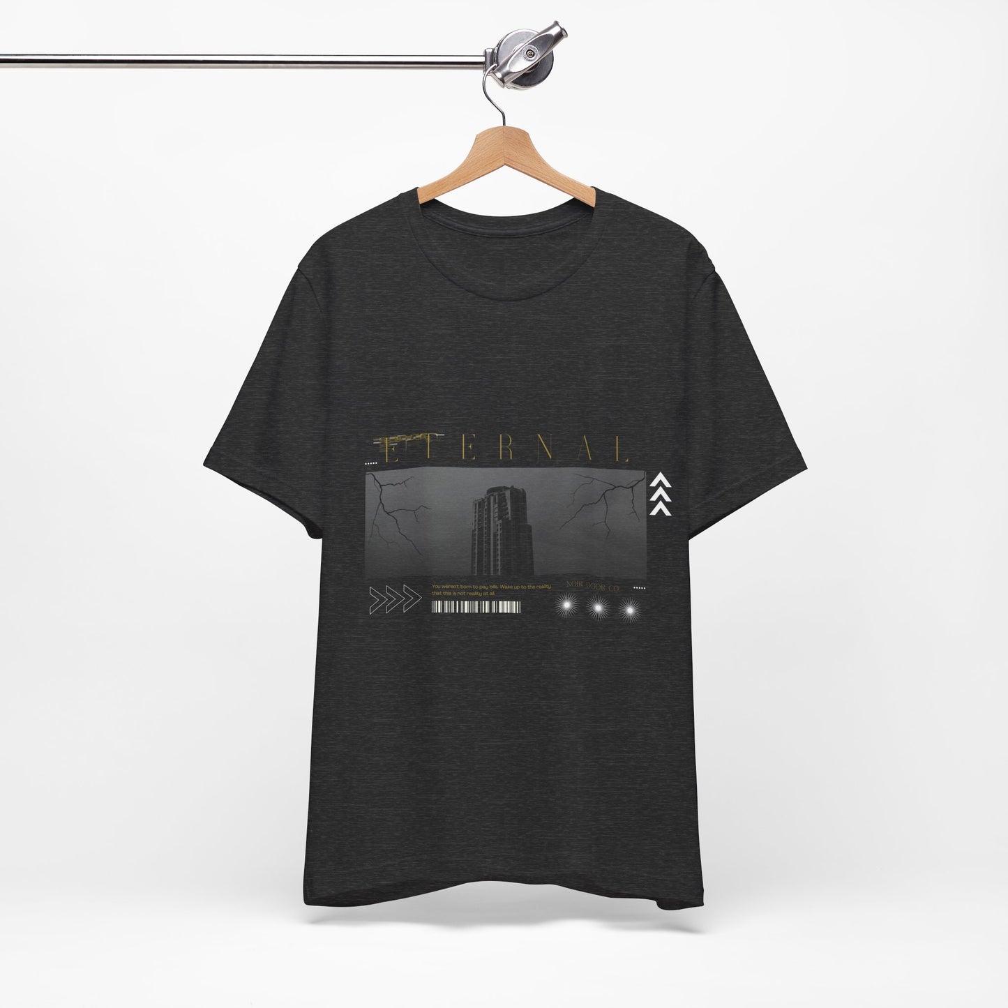 Eternal Skyscraper T-Shirt: Gothic Cityscape, Lightning Bolt Apparel