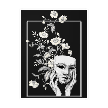 Surreal Floral Mask Art Print, Black and White Botanical Surrealism Sticker, Fine Art Style Gothic Decor