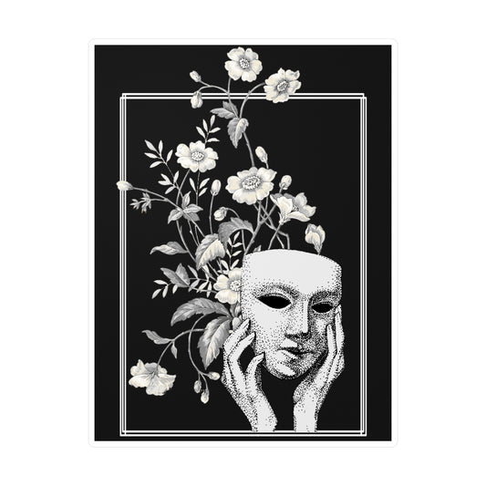 Surreal Floral Mask Art Print, Black and White Botanical Surrealism Sticker, Fine Art Style Gothic Decor