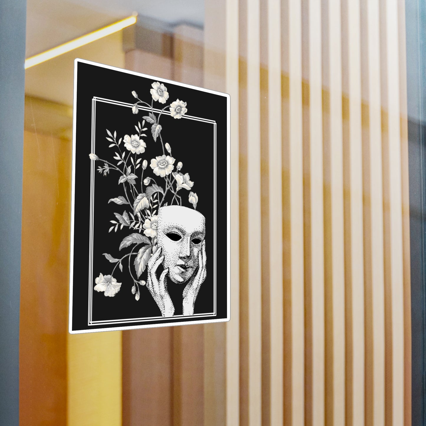Surreal Floral Mask Art Print, Black and White Botanical Surrealism Sticker, Fine Art Style Gothic Decor