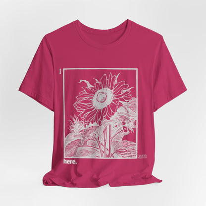 Sunflower Graphic Tee: 'I Am Here' Stencil Portrait, USA Made