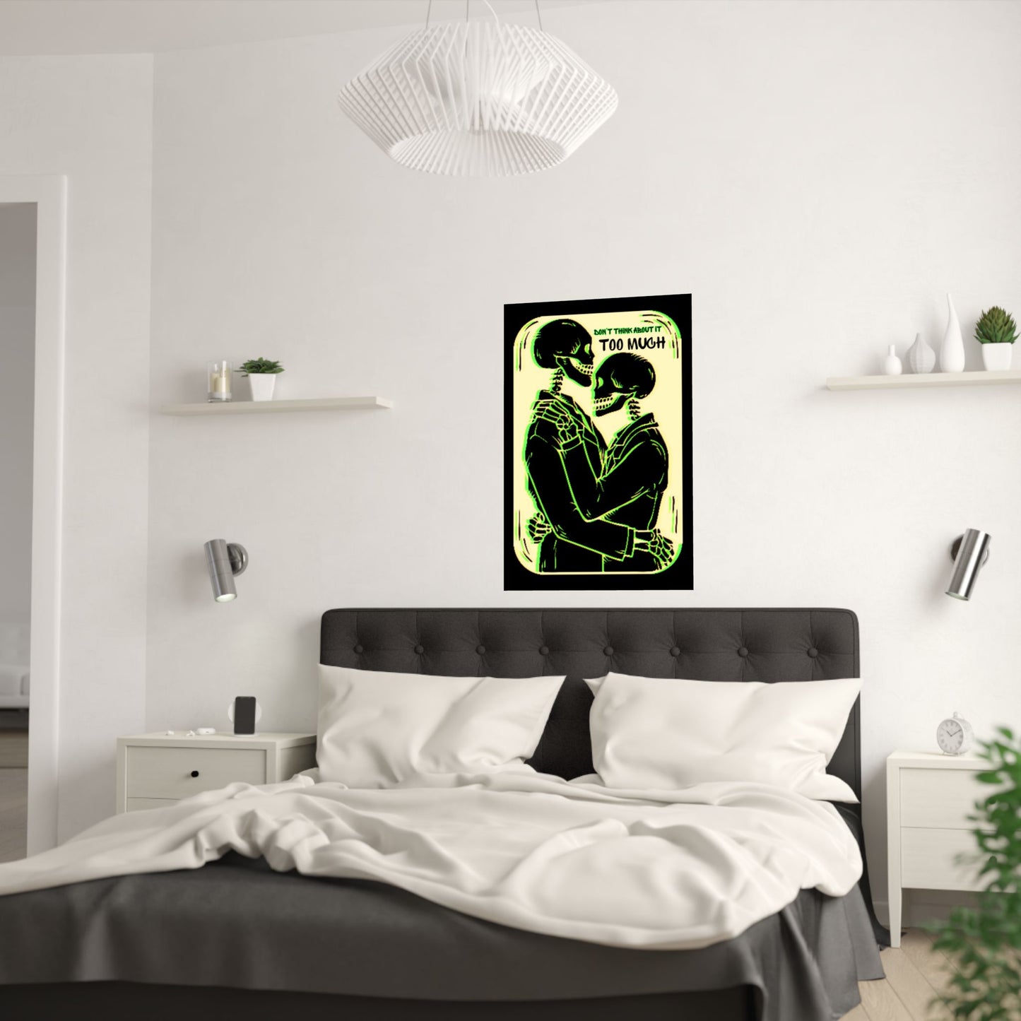 Gothic Skeleton Satin Poster: Romantic Tarot Art with Green Glitch