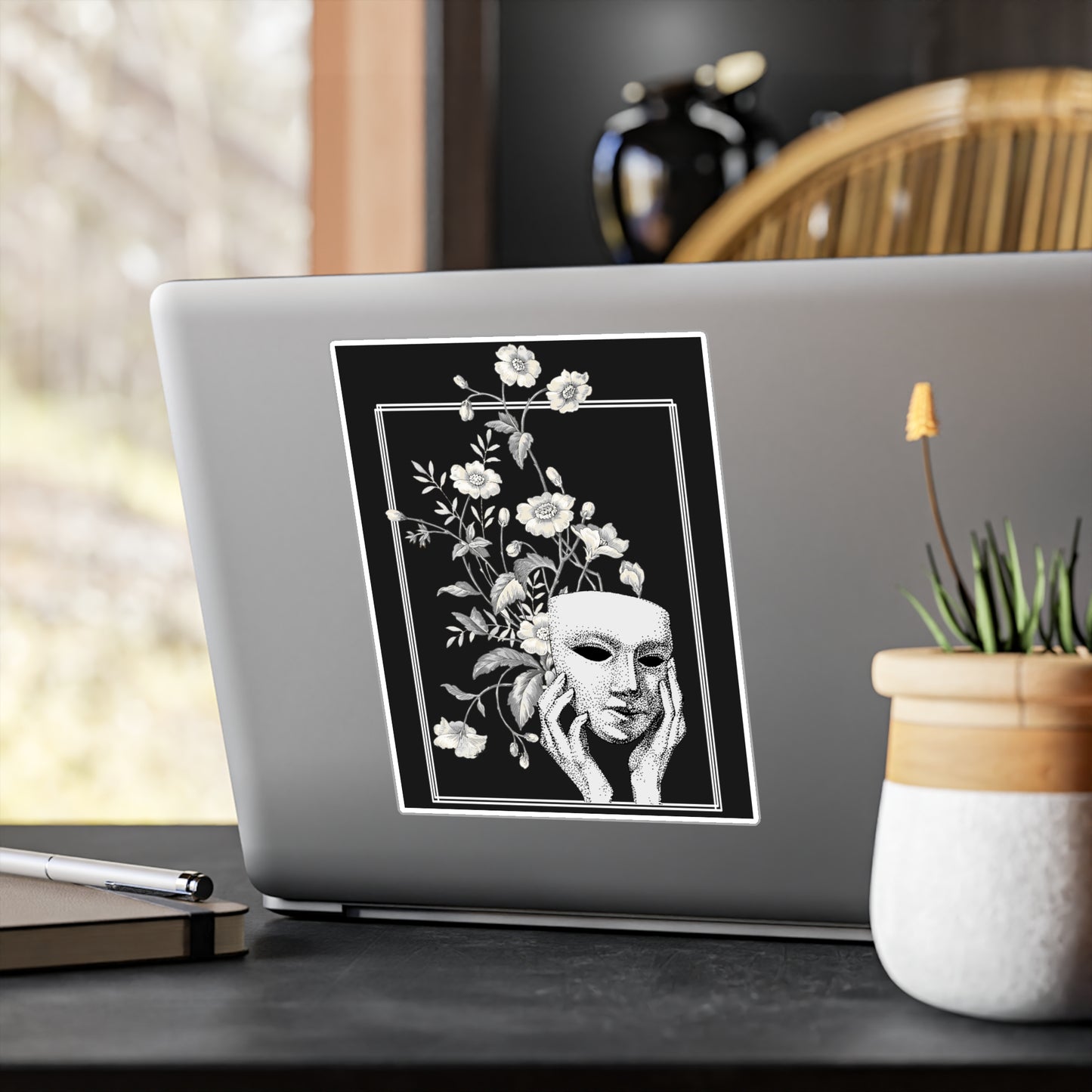 Surreal Floral Mask Art Print, Black and White Botanical Surrealism Sticker, Fine Art Style Gothic Decor