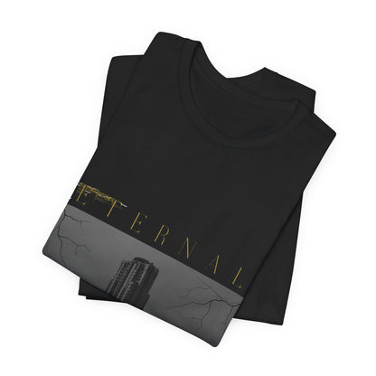 Eternal Skyscraper T-Shirt: Gothic Cityscape, Lightning Bolt Apparel