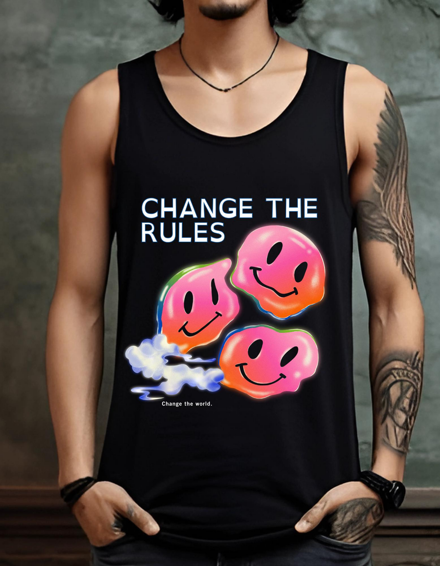 Vaporwave Smiley Face Tank Top: Change the Rules Graphic Tee