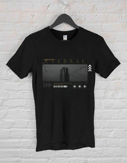 Eternal Skyscraper T-Shirt: Gothic Cityscape, Lightning Bolt Apparel