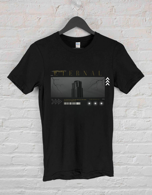Eternal Skyscraper T-Shirt: Gothic Cityscape, Lightning Bolt Apparel