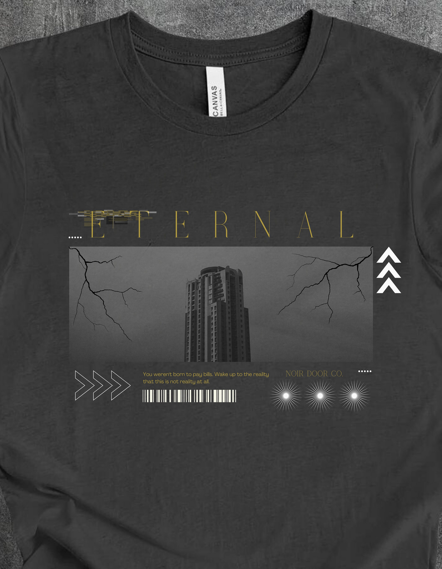 Eternal Skyscraper T-Shirt: Gothic Cityscape, Lightning Bolt Apparel