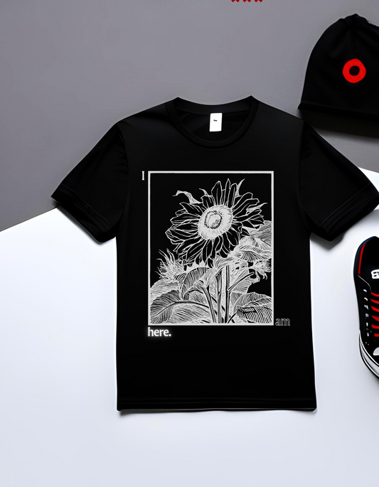Sunflower Graphic Tee: 'I Am Here' Stencil Portrait, USA Made