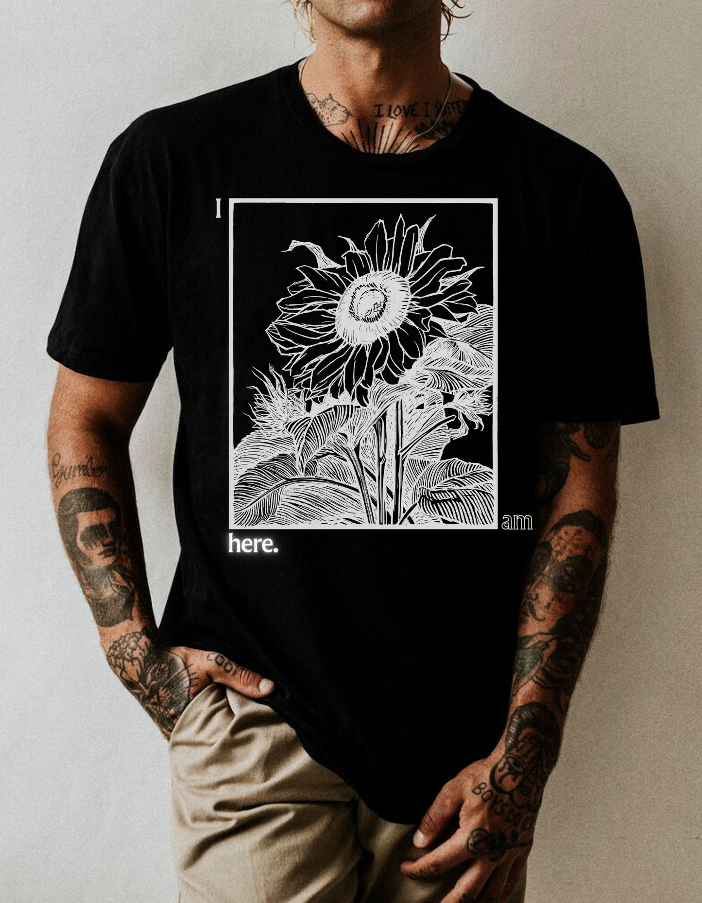 Sunflower Graphic Tee: 'I Am Here' Stencil Portrait, USA Made