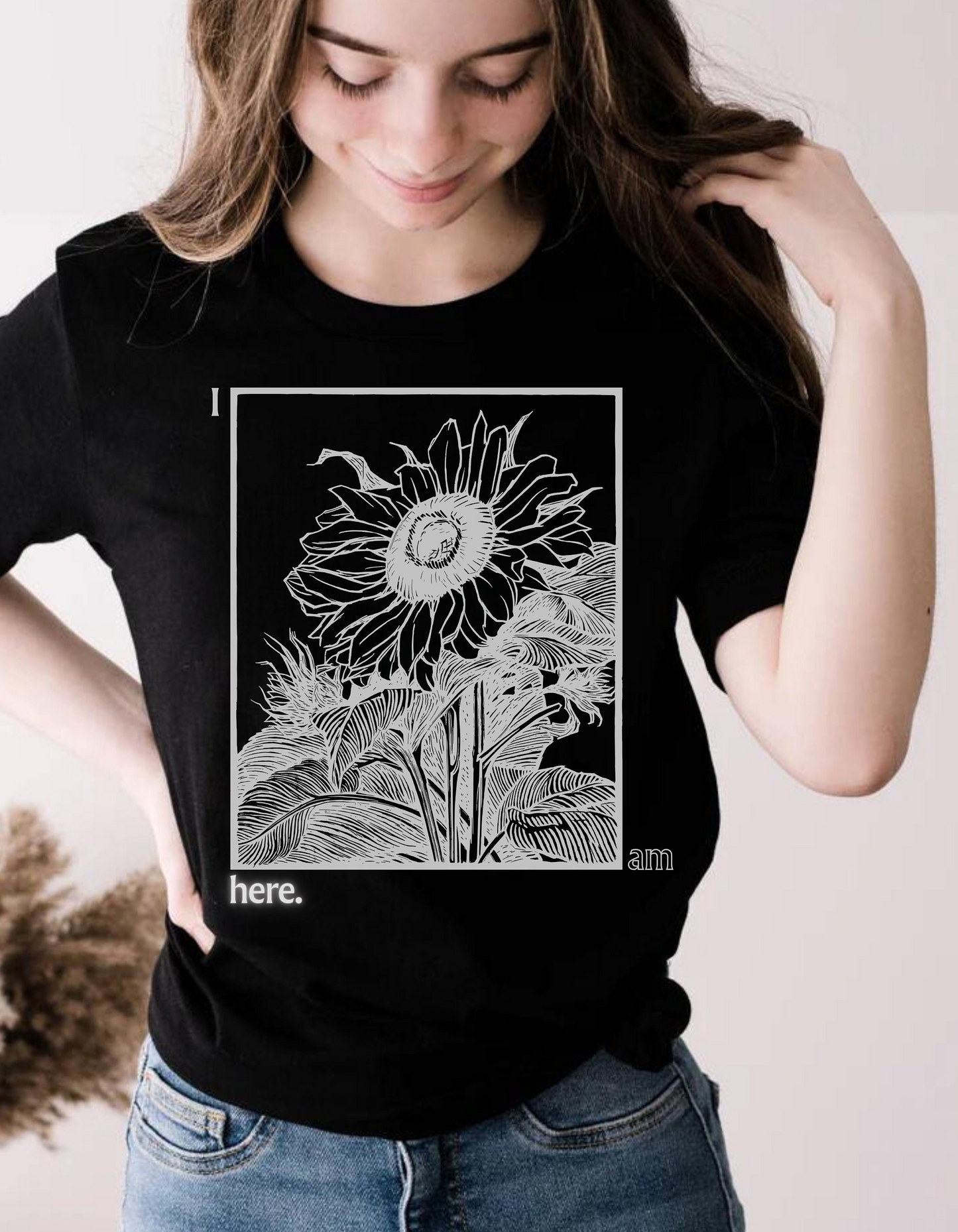Sunflower Graphic Tee: 'I Am Here' Stencil Portrait, USA Made