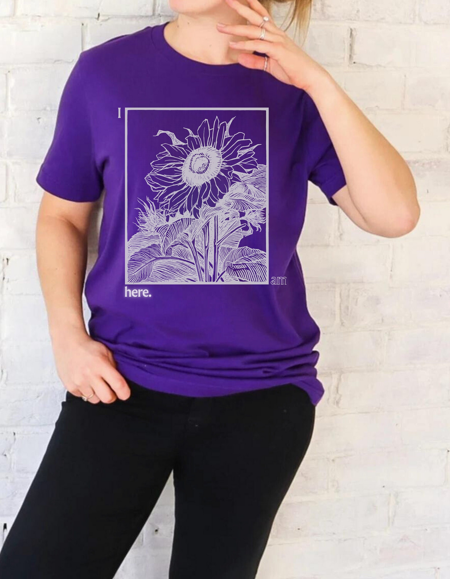 Sunflower Graphic Tee: 'I Am Here' Stencil Portrait, USA Made