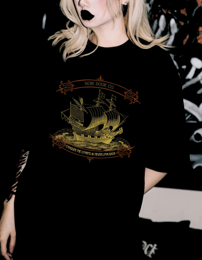 Pirate Ship Conqueror T-Shirt: Nautical Tattoo Art