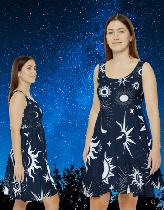 Witchy Skater Dress: Sun and Moon Pattern, Alternative Streetwear