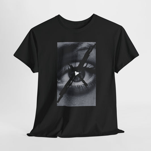 Surreal Eye Symbol Tee — Crooked Cross & Heart Illustration, Dark Aesthetic