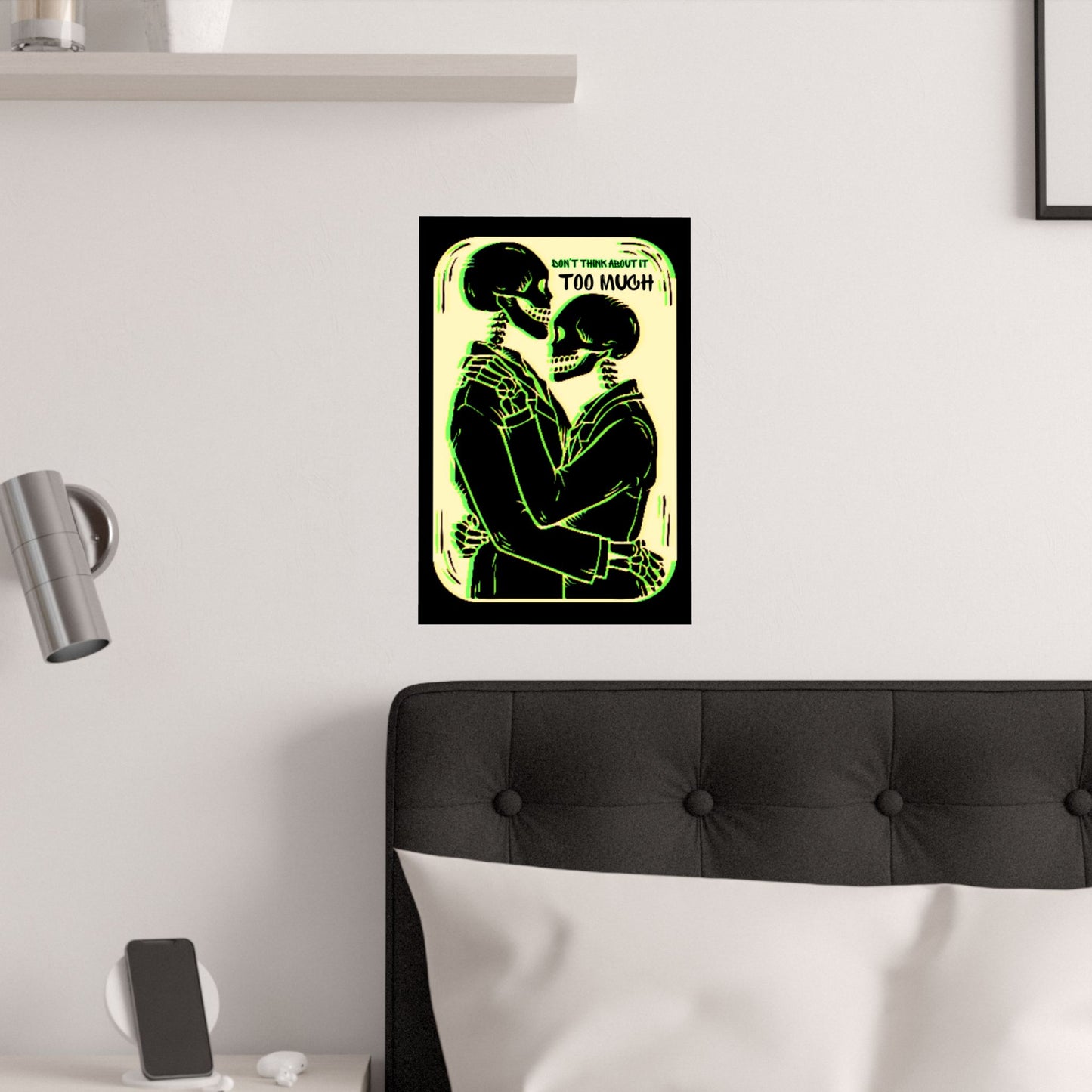 Gothic Skeleton Satin Poster: Romantic Tarot Art with Green Glitch