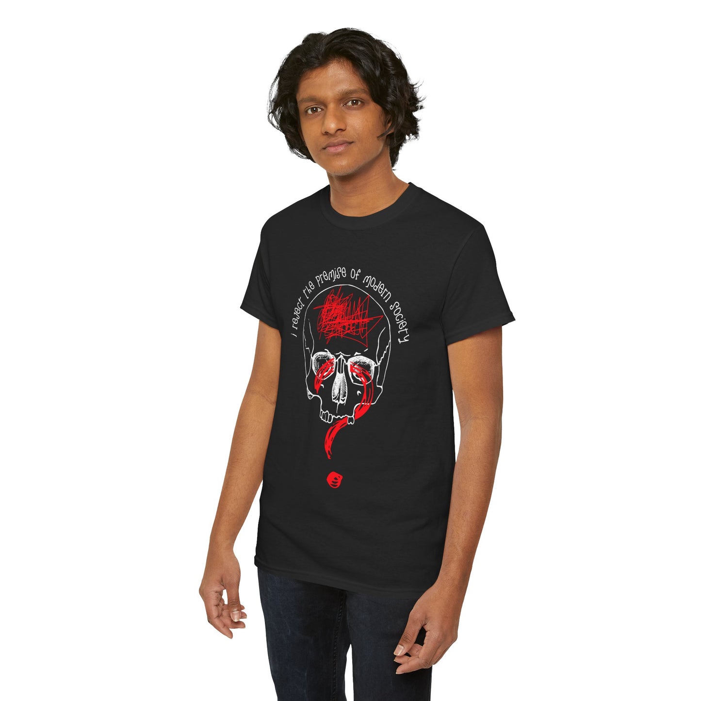 Dada Punk Graphic Tee - ‘I Reject the Premise of Modern Society’ with Line-Art Skull