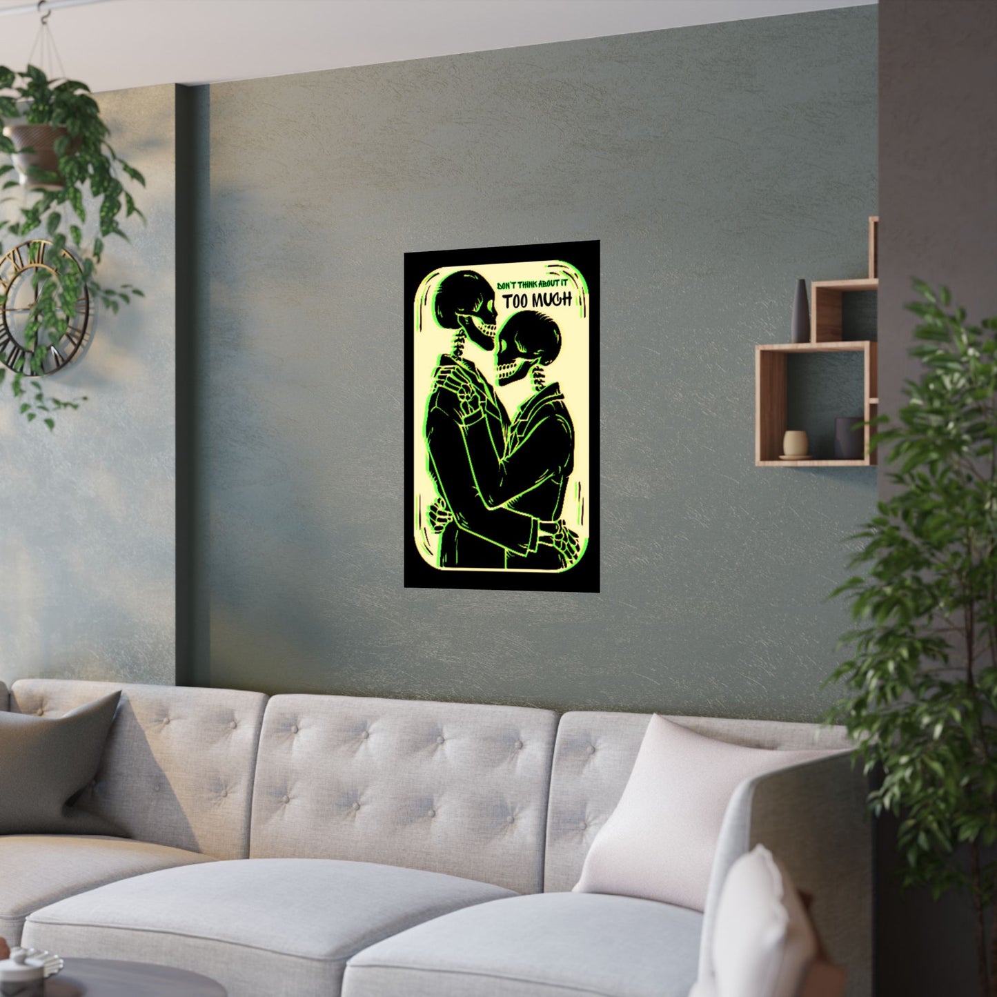 Gothic Skeleton Satin Poster: Romantic Tarot Art with Green Glitch