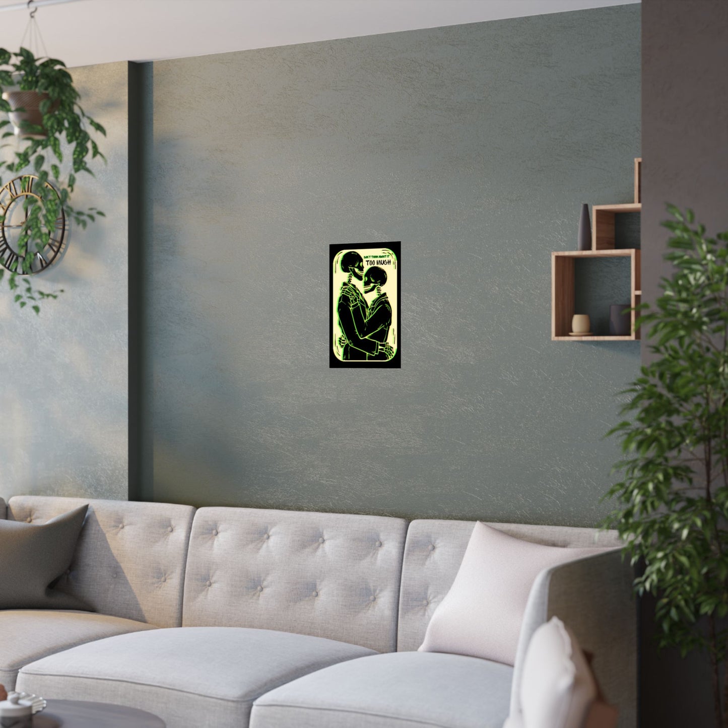 Gothic Skeleton Satin Poster: Romantic Tarot Art with Green Glitch